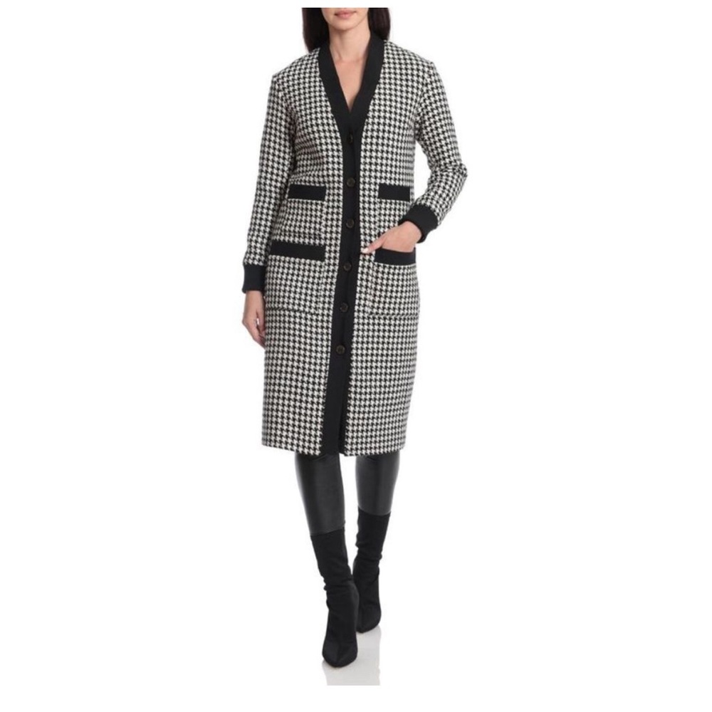 BNWT Kathy Ireland® Long Black & White Houndstooth Tweed Cardigan Jacket size L